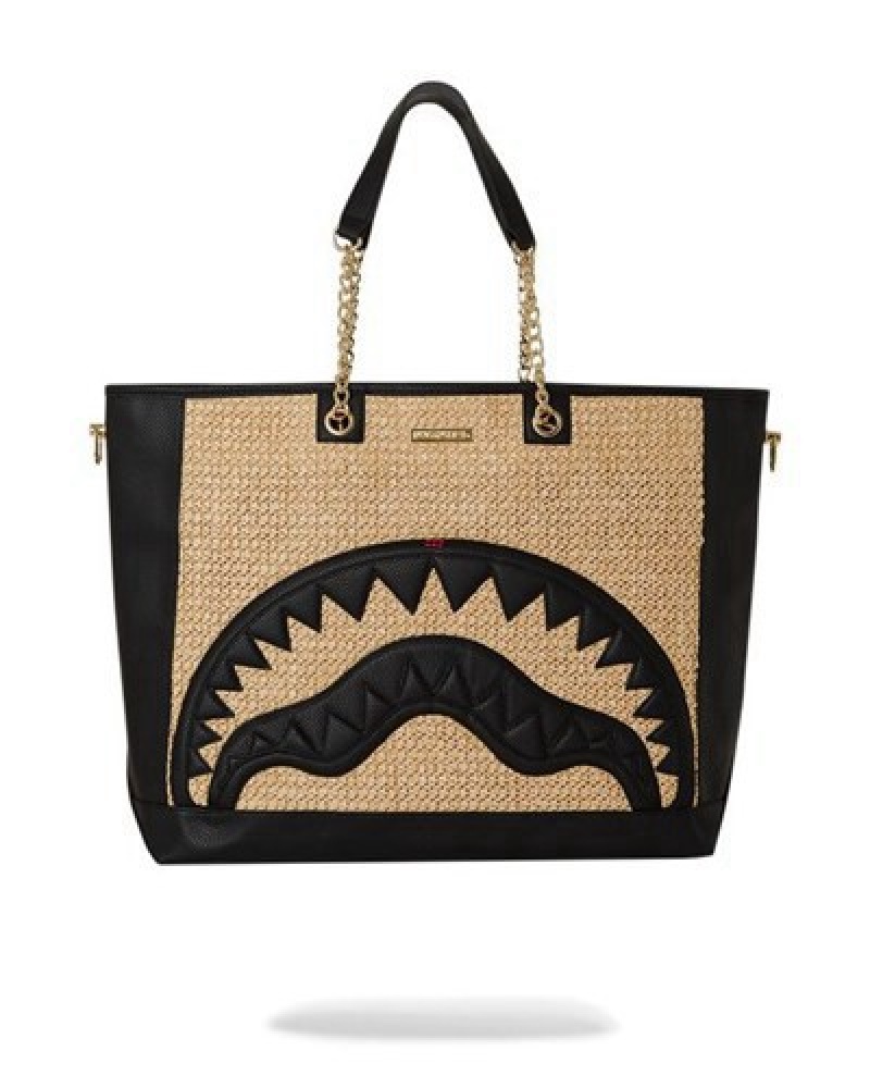 Black / Beige Sprayground Raffia Palm Tote Bags | 63541-UYWJ