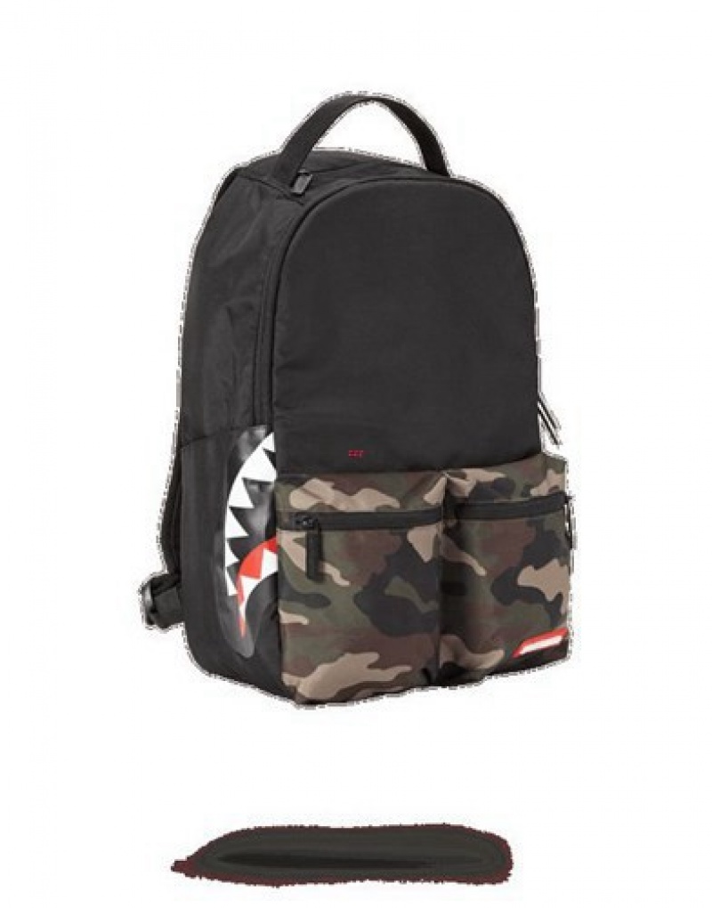 Black / Camo Sprayground Camo Side Shark Double Cargo Backpacks | 21436-AZNO