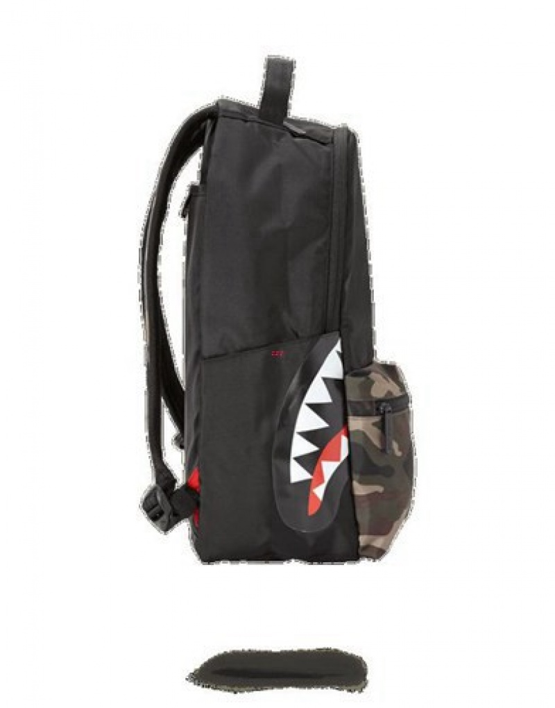 Black / Camo Sprayground Camo Side Shark Double Cargo Backpacks | 21436-AZNO