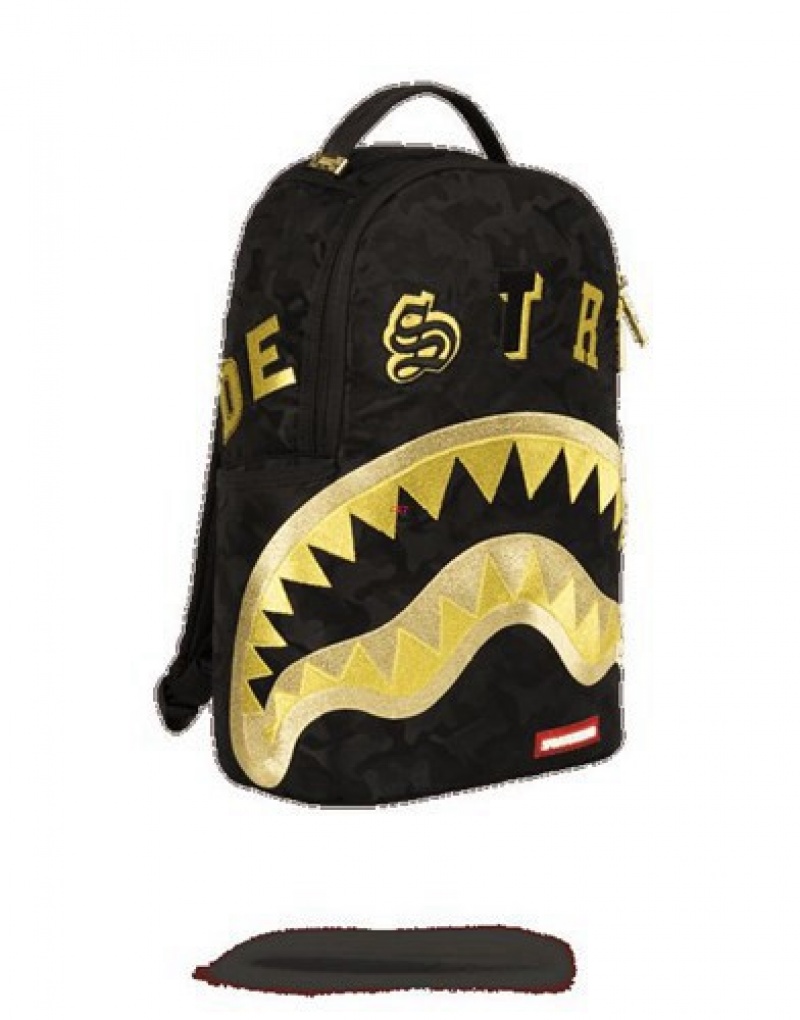 Black / Gold Sprayground Destroy Shark (Gold Camo) Backpacks | 41237-VFYQ