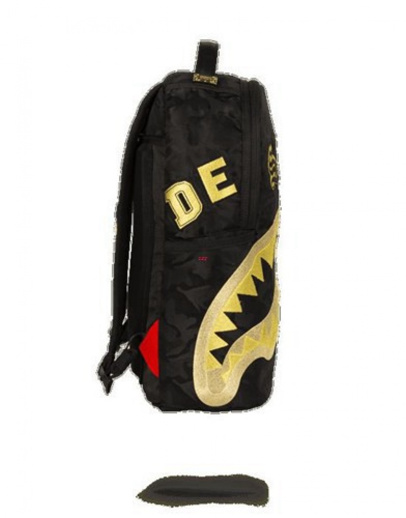 Black / Gold Sprayground Destroy Shark (Gold Camo) Backpacks | 41237-VFYQ