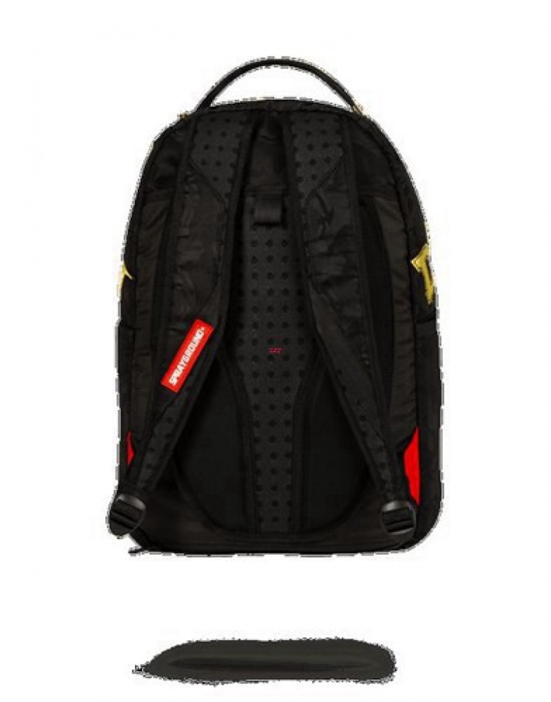 Black / Gold Sprayground Destroy Shark (Gold Camo) Backpacks | 41237-VFYQ