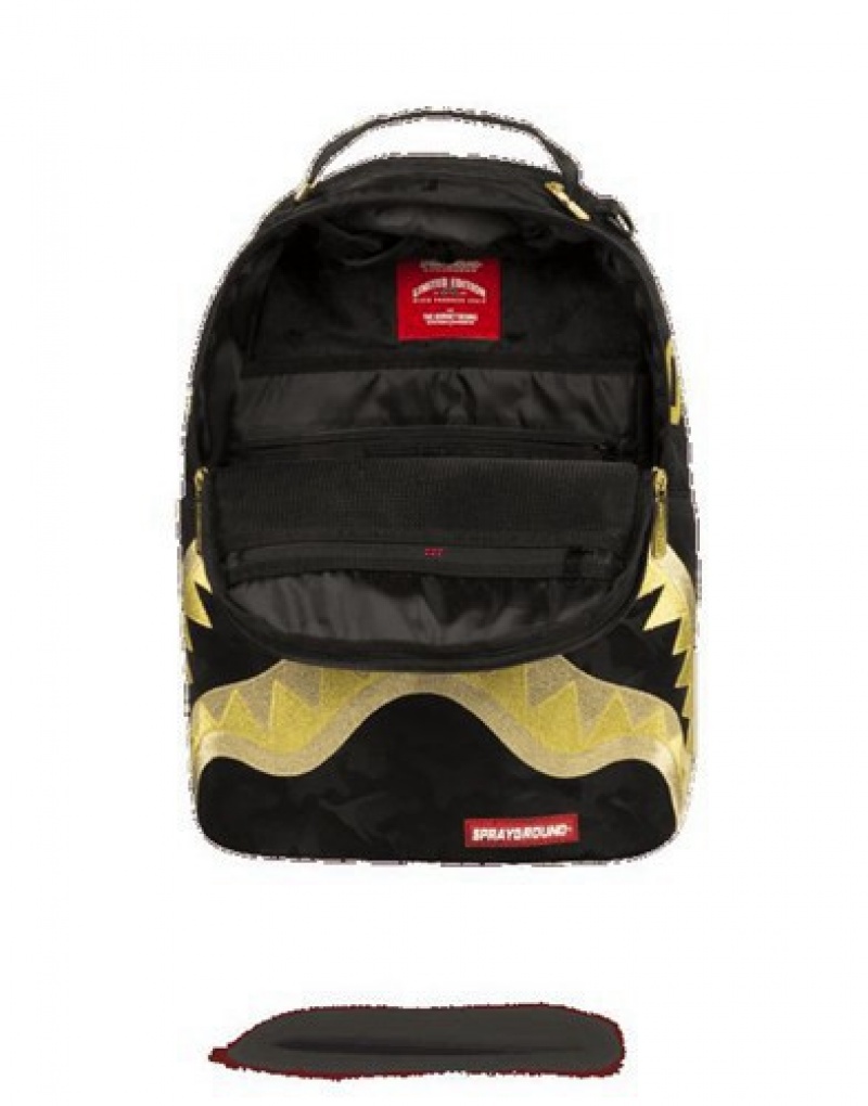 Black / Gold Sprayground Destroy Shark (Gold Camo) Backpacks | 41237-VFYQ