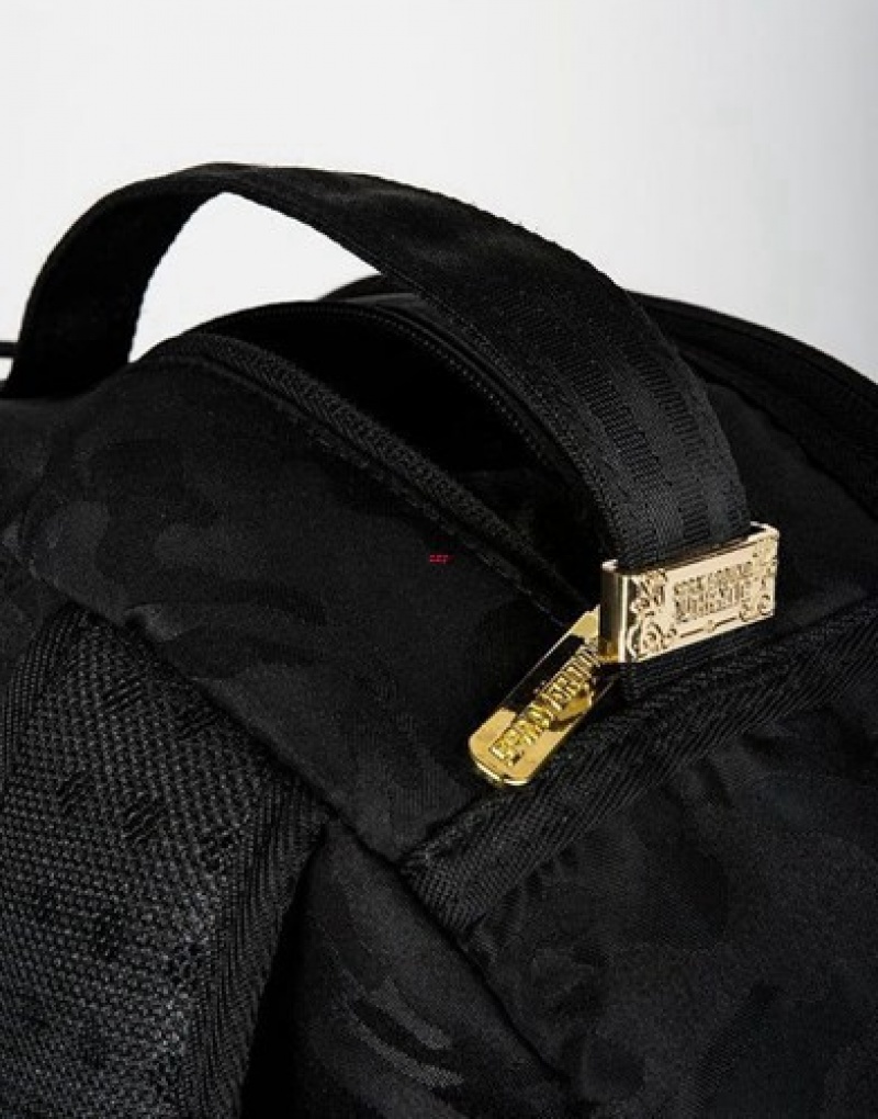 Black / Gold Sprayground Destroy Shark (Gold Camo) Backpacks | 41237-VFYQ