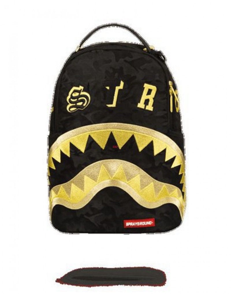 Black / Gold Sprayground Destroy Shark (Gold Camo) Backpacks | 41237-VFYQ