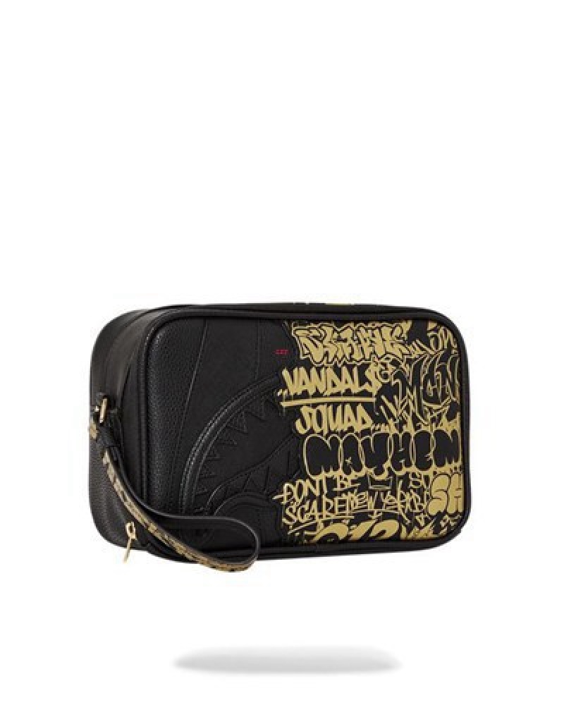 Black / Gold Sprayground Half Graff Glide Toiletry Bags | 98173-VJXM