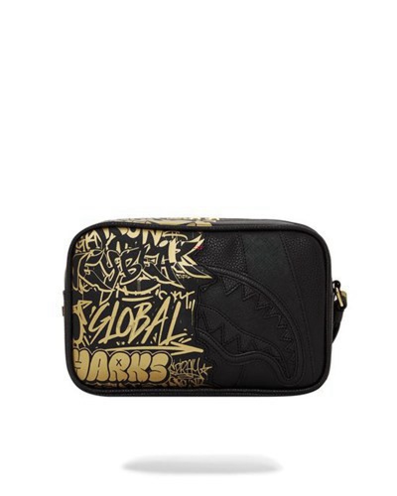 Black / Gold Sprayground Half Graff Glide Toiletry Bags | 98173-VJXM