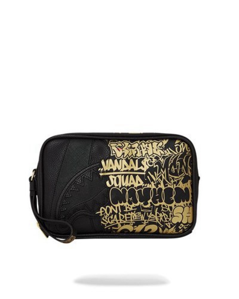 Black / Gold Sprayground Half Graff Glide Toiletry Bags | 98173-VJXM