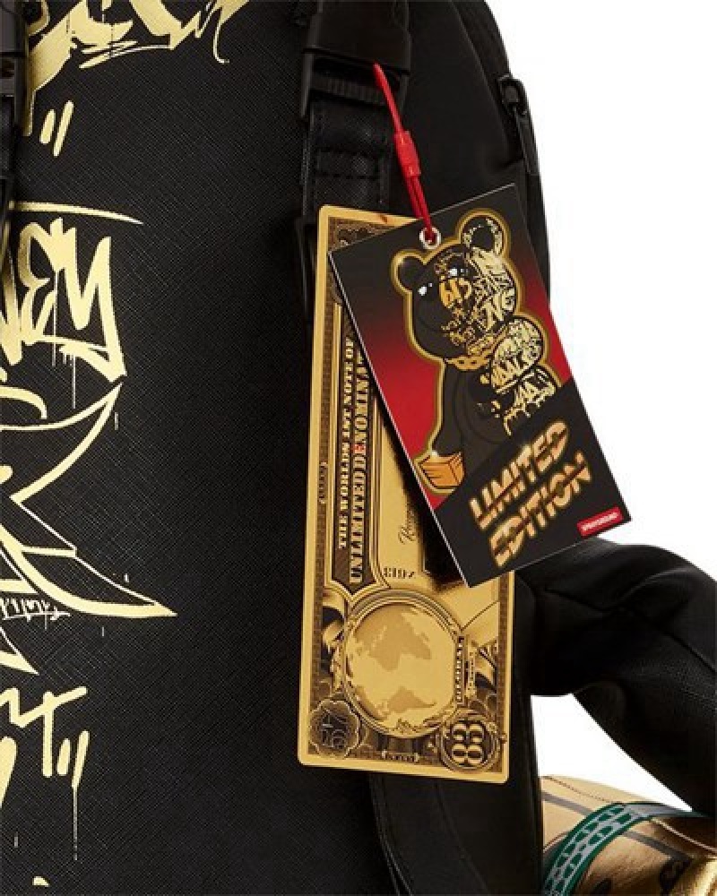 Black / Gold Sprayground Half Graff Glide Moneybear Teddybear Backpacks | 10359-SRWK