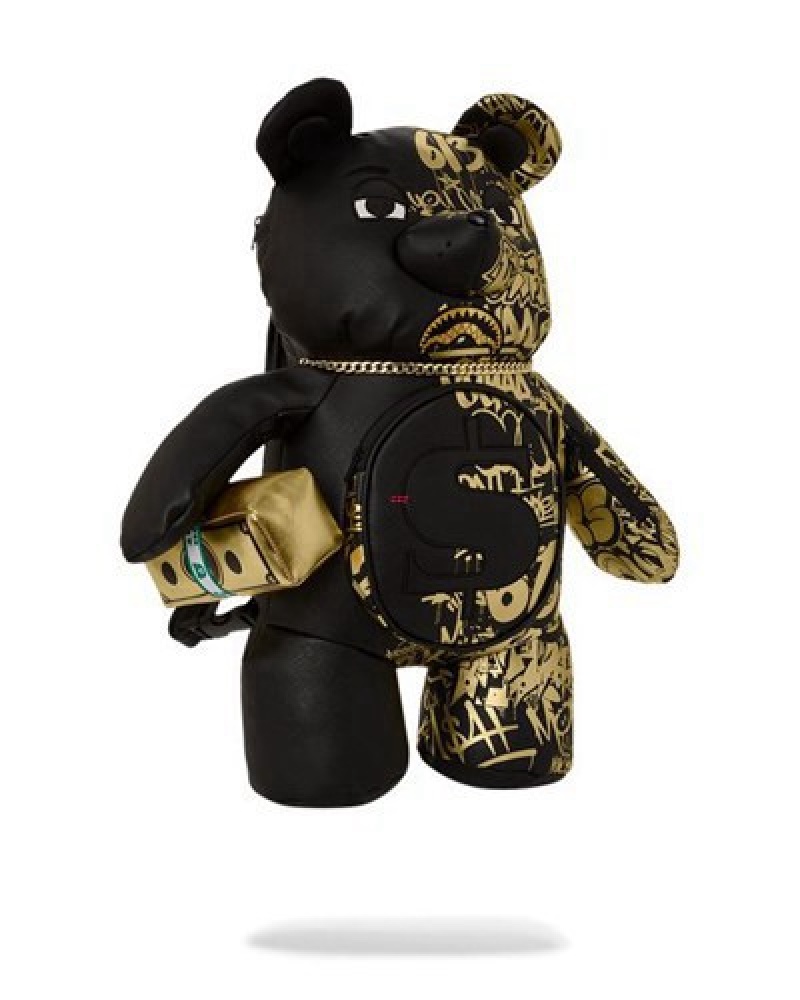 Black / Gold Sprayground Half Graff Glide Moneybear Teddybear Backpacks | 10359-SRWK