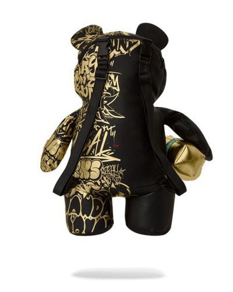 Black / Gold Sprayground Half Graff Glide Moneybear Teddybear Backpacks | 10359-SRWK