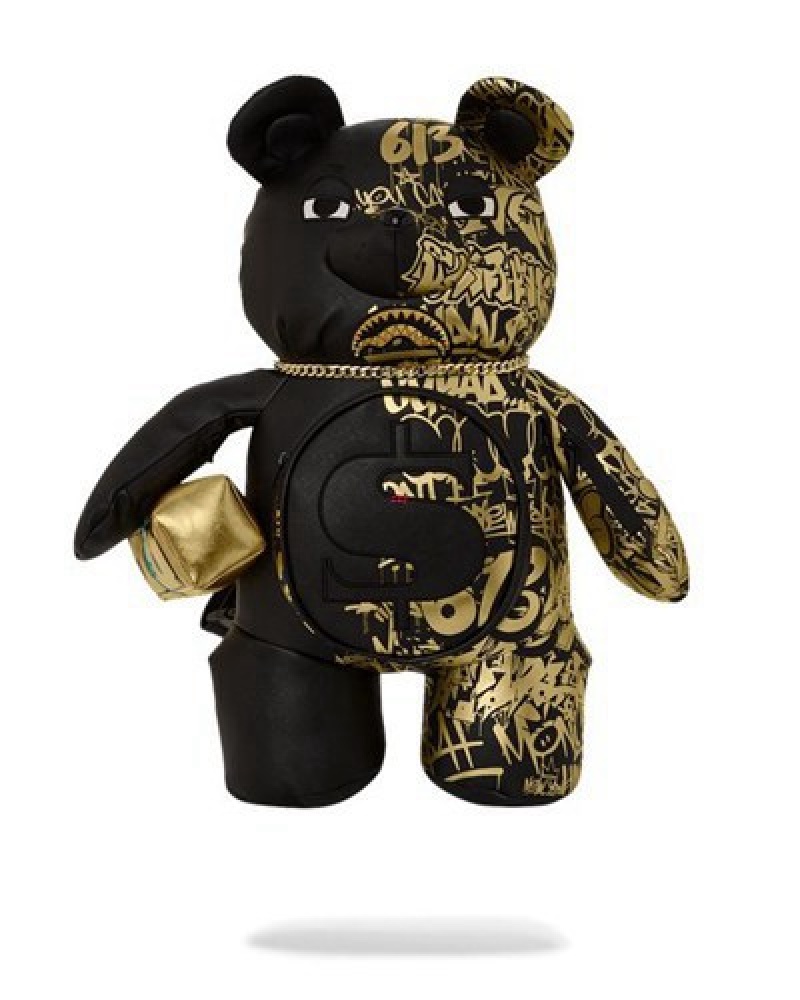 Black / Gold Sprayground Half Graff Glide Moneybear Teddybear Backpacks | 10359-SRWK