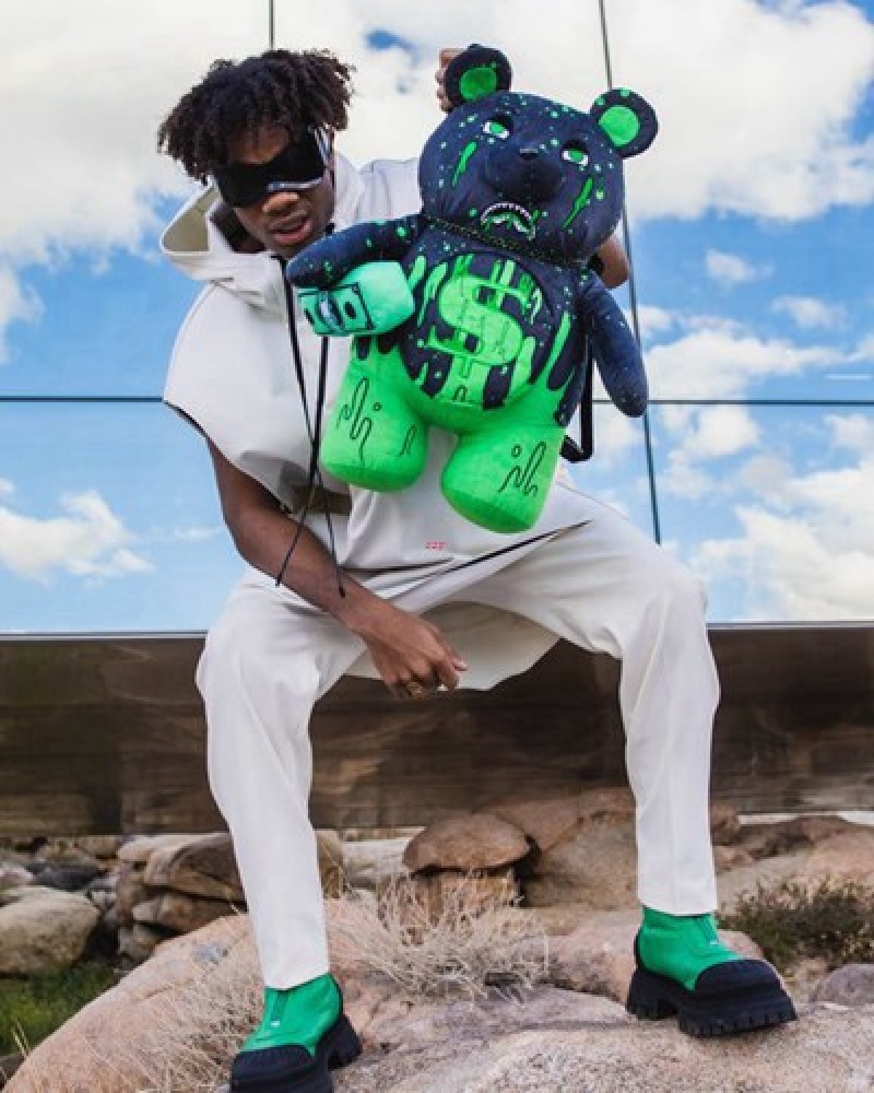 Black / Green Sprayground Drip Bear Moneybear Teddybear Backpacks | 98654-BFUJ