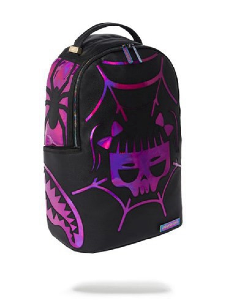 Black / Purple Sprayground Cazzu Iridescent Cut & Sew Spider Skull Shark (Dlxv) Backpacks | 48579-JIBQ