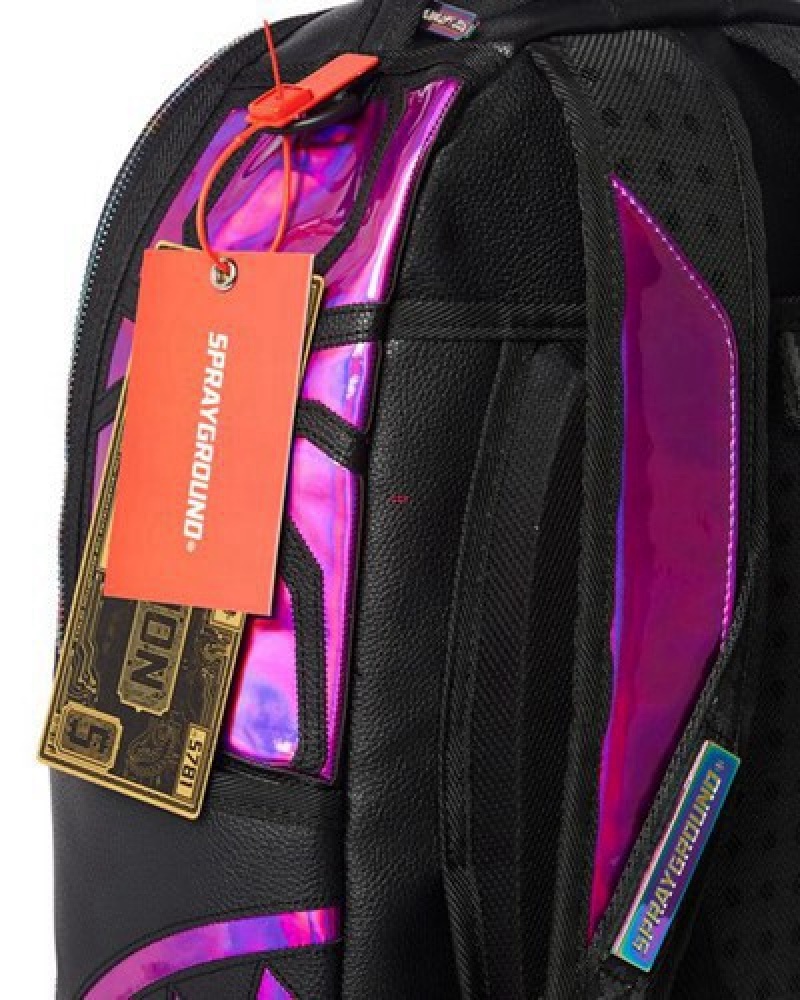 Black / Purple Sprayground Cazzu Iridescent Cut & Sew Spider Skull Shark (Dlxv) Backpacks | 48579-JIBQ