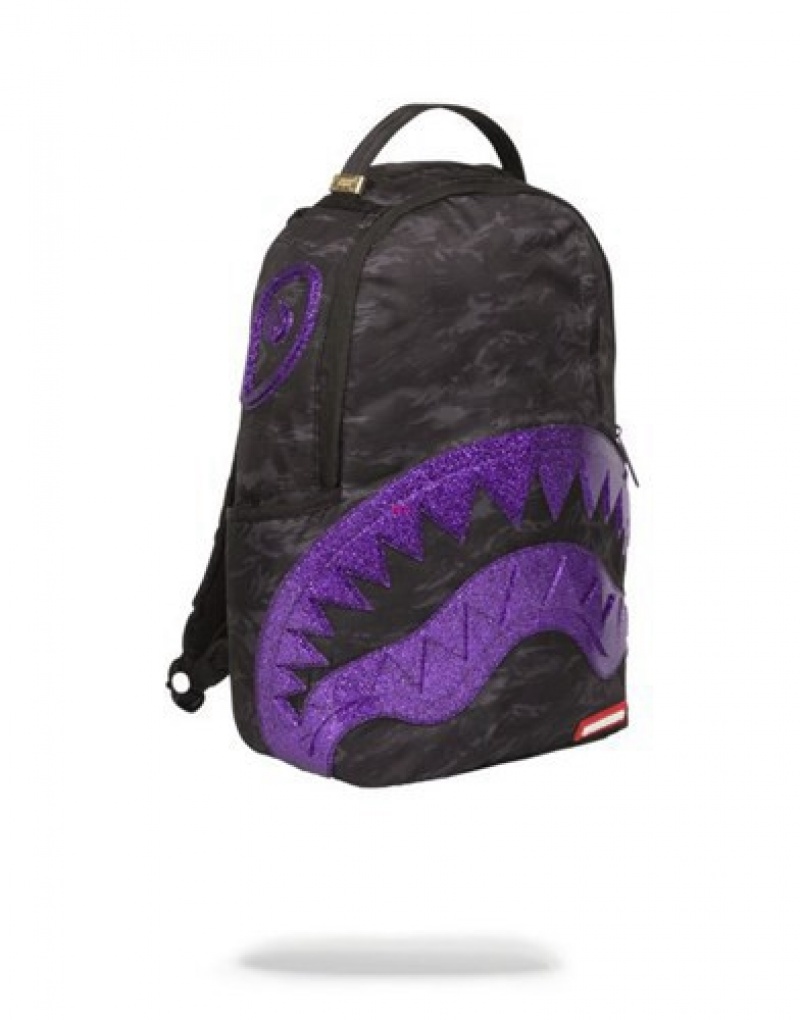 Black / Purple Sprayground Glitter Shark Backpacks | 45302-YJBL