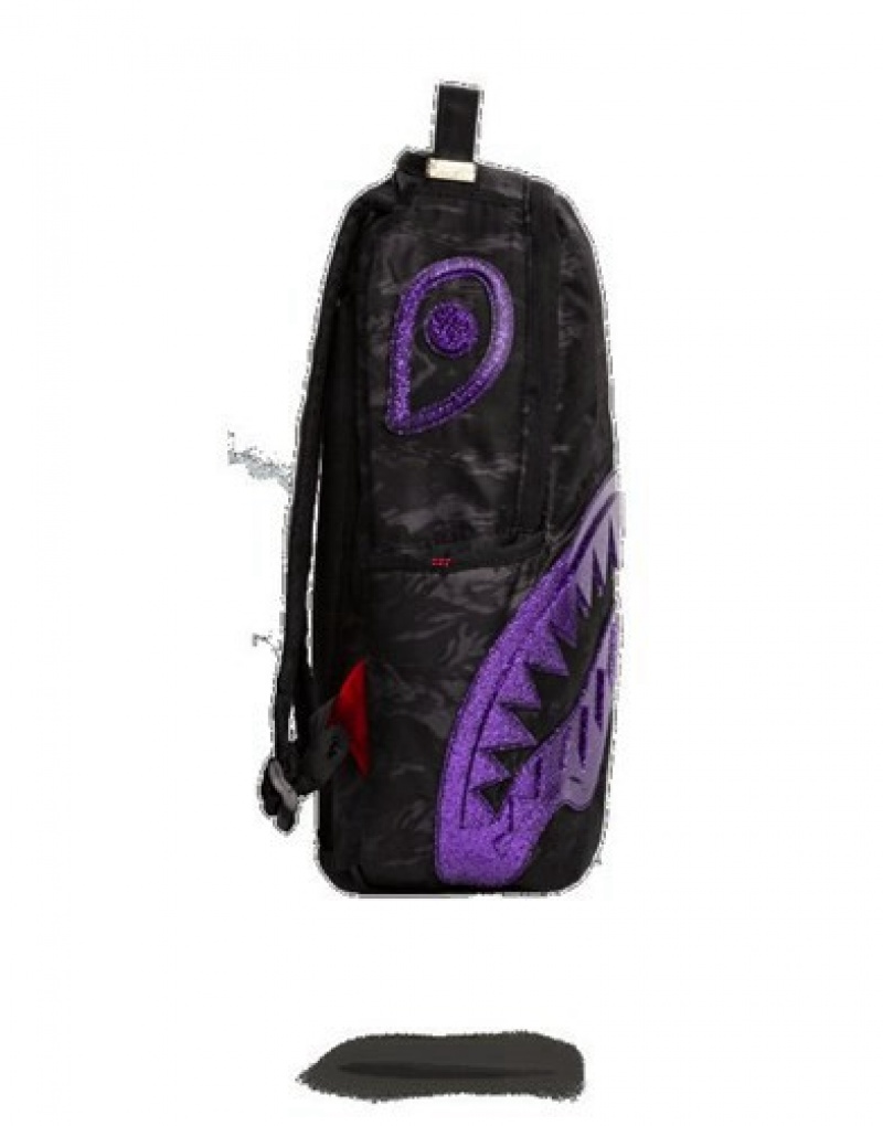 Black / Purple Sprayground Glitter Shark Backpacks | 45302-YJBL