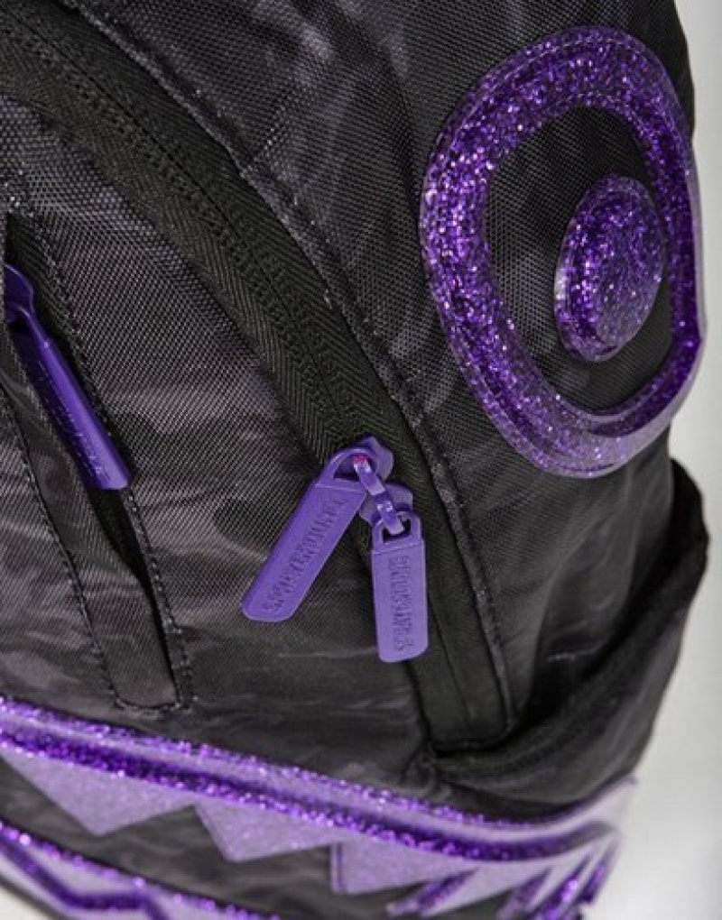 Black / Purple Sprayground Glitter Shark Backpacks | 45302-YJBL