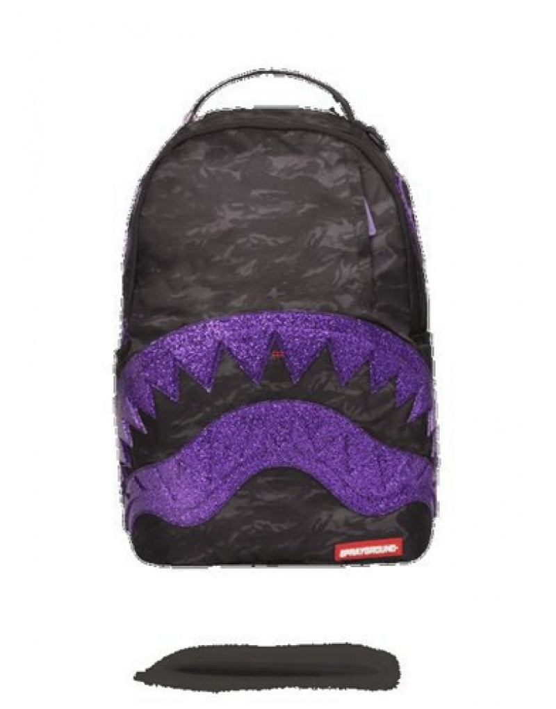 Black / Purple Sprayground Glitter Shark Backpacks | 45302-YJBL