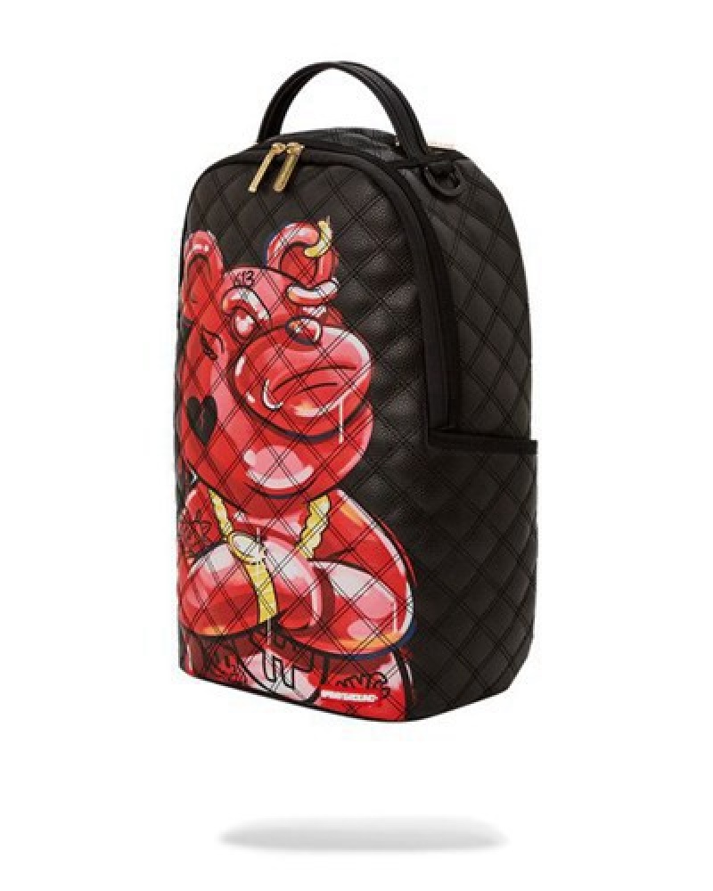 Black / Red Sprayground Quilt Hand Painted Diablo Bear (Dlxv) Backpacks | 83590-DXQZ