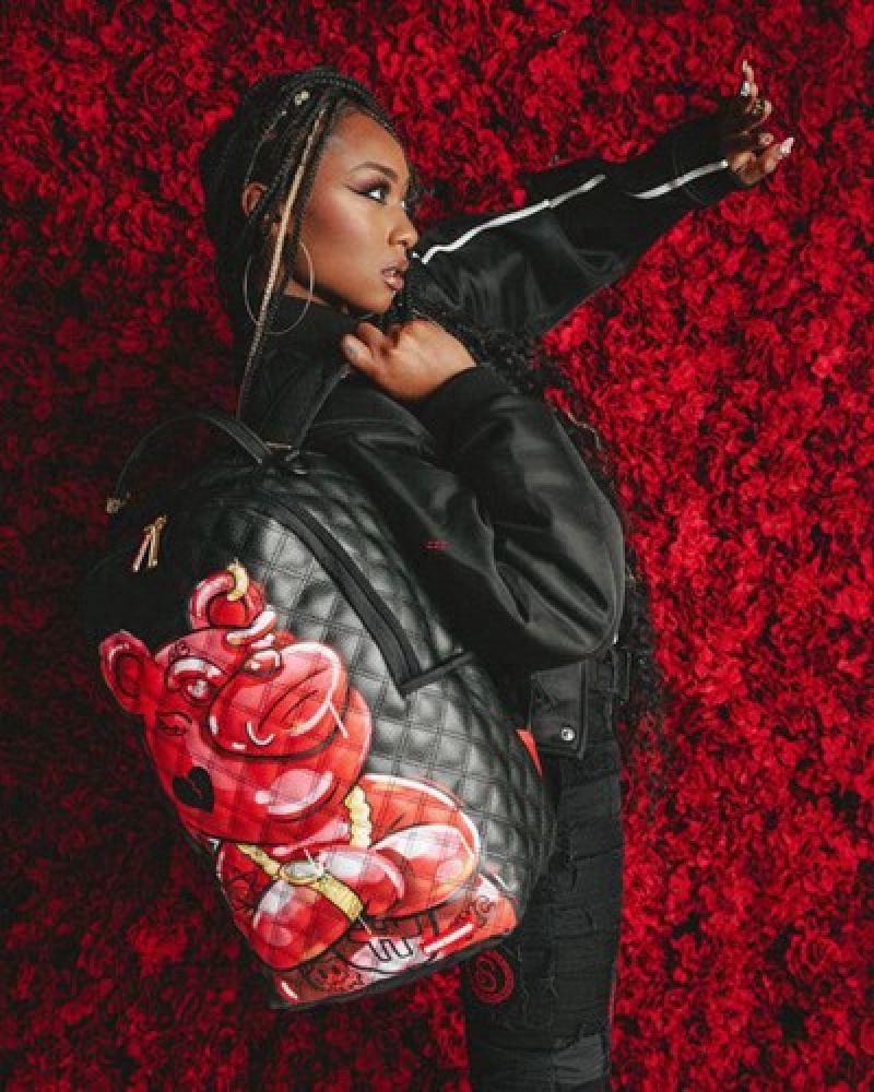 Black / Red Sprayground Quilt Hand Painted Diablo Bear (Dlxv) Backpacks | 83590-DXQZ