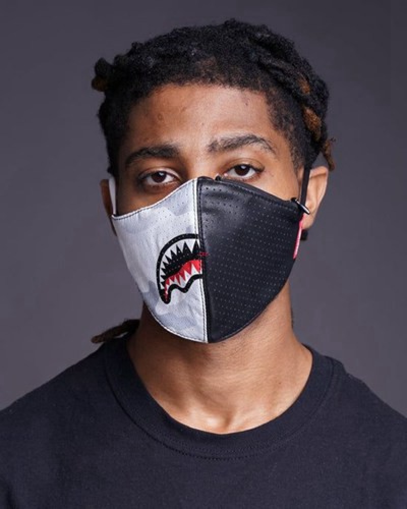 Black / White Sprayground Damage Control Stash Pocket Vegan Leather Face Masks | 04125-JHFV