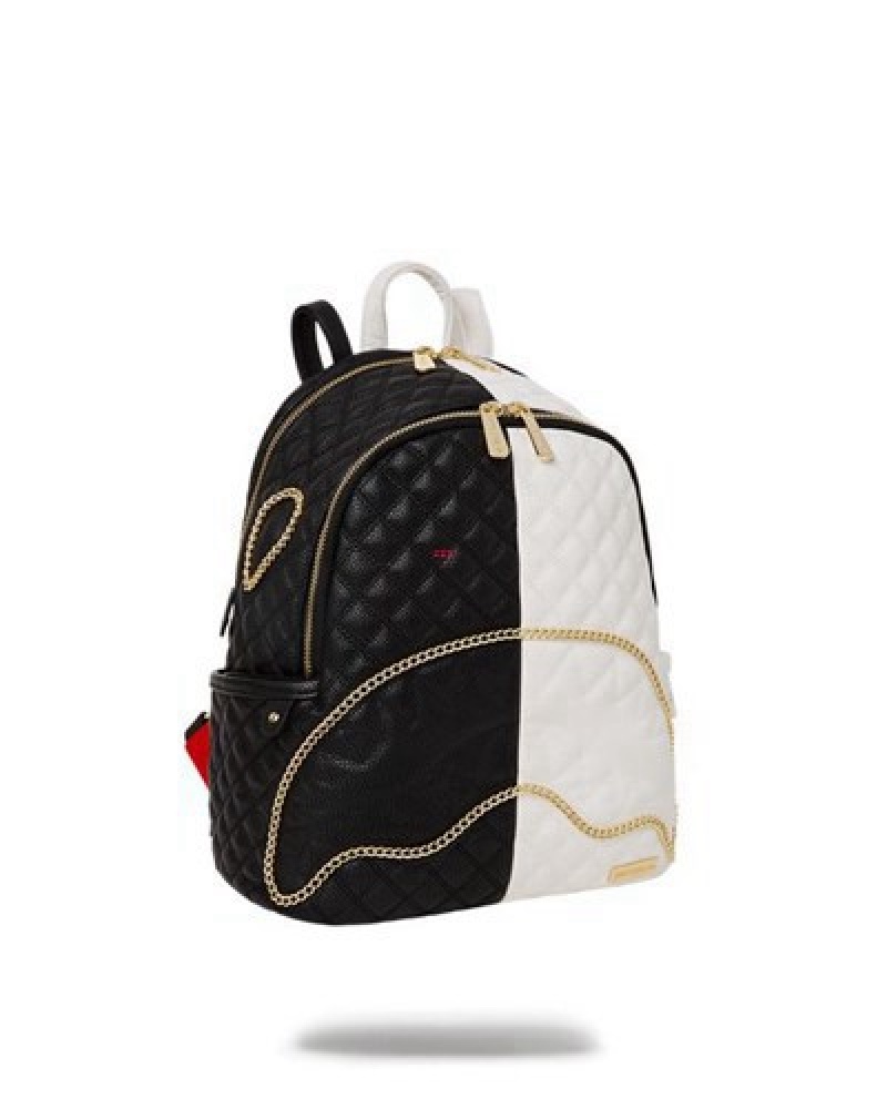 Black / White Sprayground Leveled Up Split Quilt Shark Savage Backpacks | 39872-OBGC