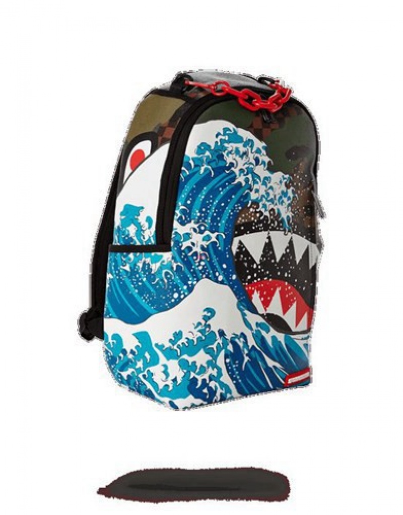 Blue Sprayground Camokawa Wave Shark Backpacks | 08136-ESKZ