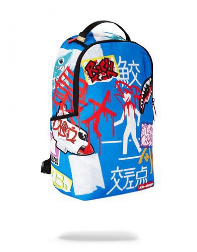 Blue Sprayground Japanese Street Sign Backpacks | 73846-LXEK