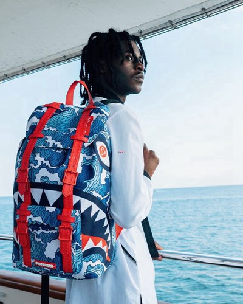 Blue Sprayground Shark Wave Hills Backpacks | 36841-UXJW