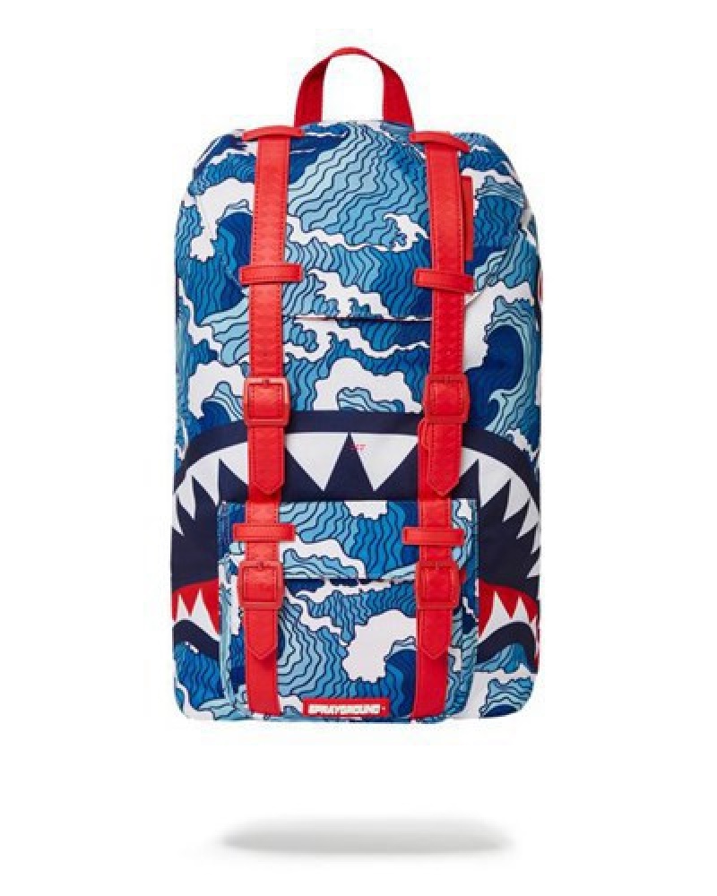 Blue Sprayground Shark Wave Hills Backpacks | 36841-UXJW