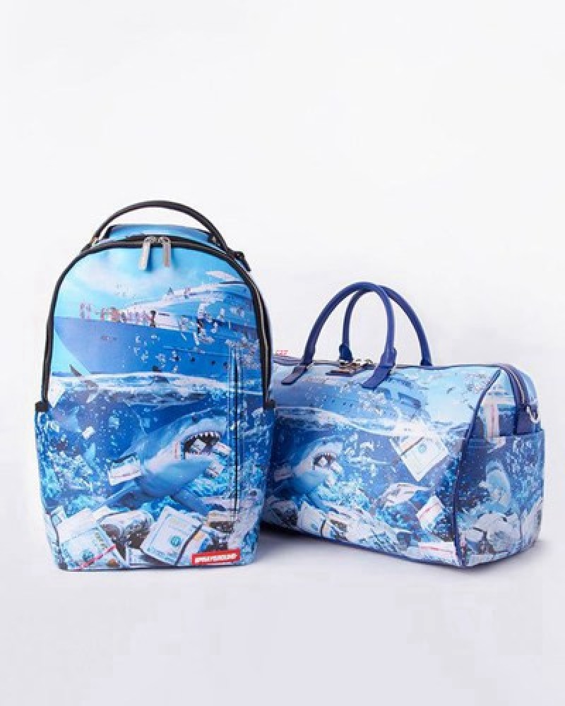 Blue Sprayground The Shark Party Duffle Bags | 21754-XRTA