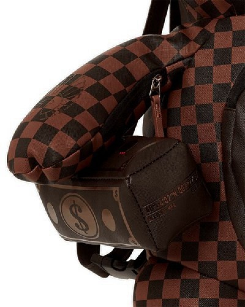 Brown Sprayground Checkmate Royale Moneybear Teddybear Backpacks | 94157-CUFB