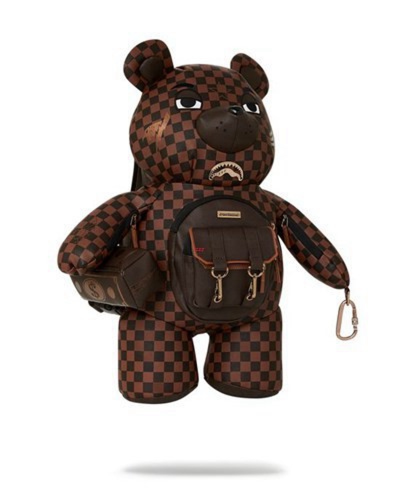 Brown Sprayground Checkmate Royale Moneybear Teddybear Backpacks | 94157-CUFB