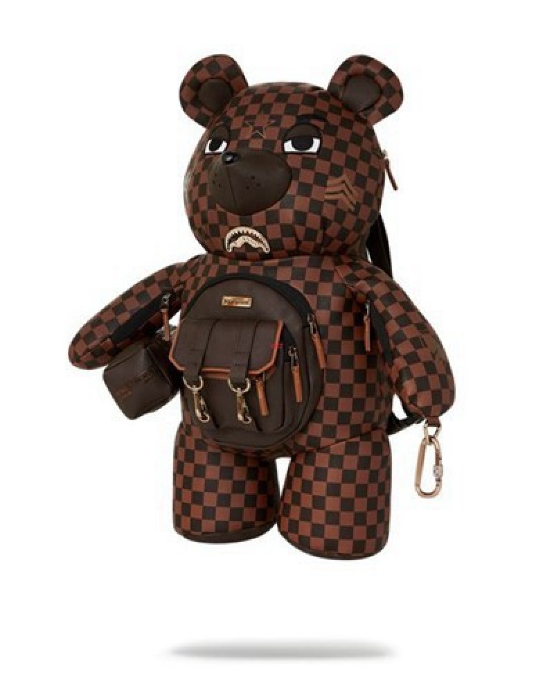 Brown Sprayground Checkmate Royale Moneybear Teddybear Backpacks | 94157-CUFB