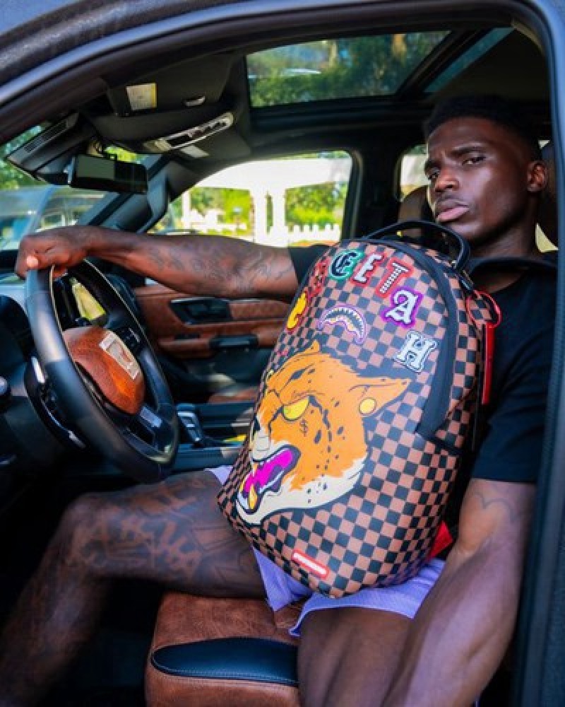 Brown Sprayground Cheetah Speed Shark (Tyreek Hill Collab) Backpacks | 27094-EQCG