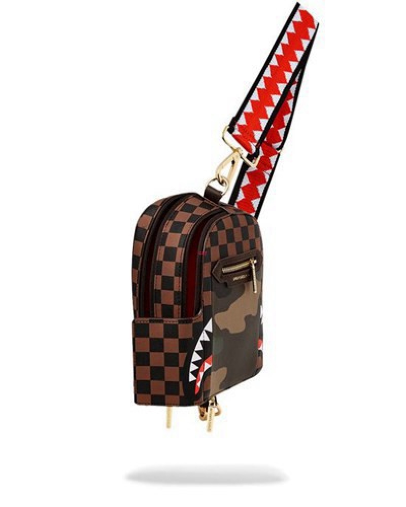 Brown Sprayground Exterior Gold Zip Pocket Sharks In Paris Crossbody Bags | 32165-ABHU