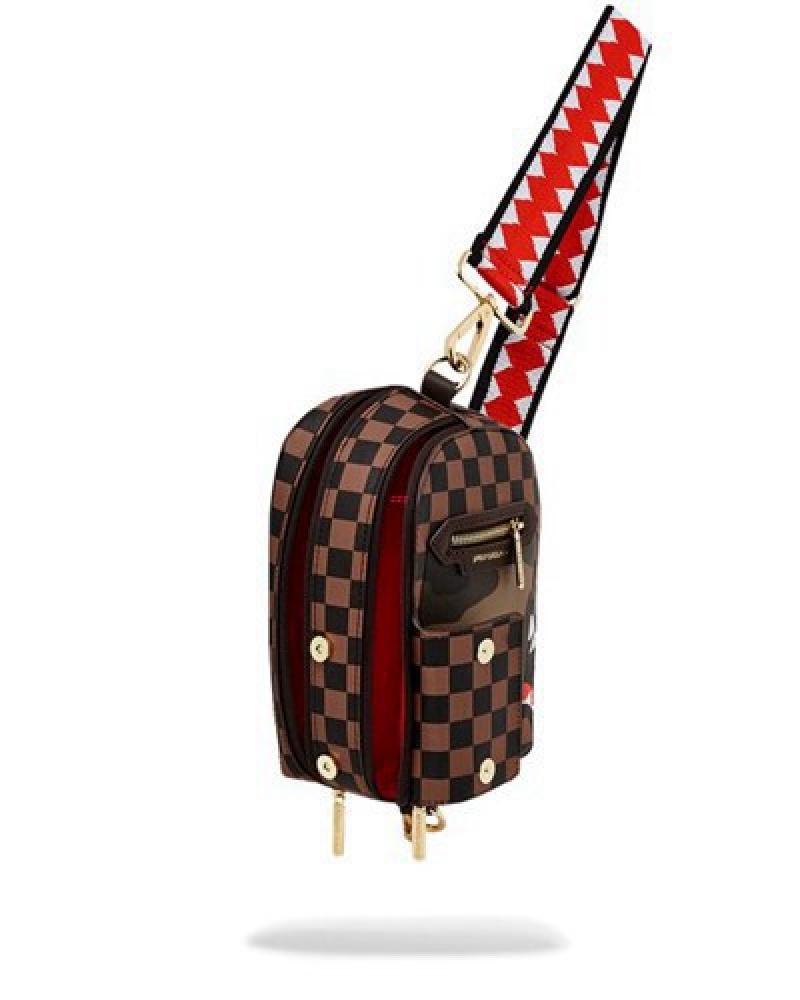 Brown Sprayground Exterior Gold Zip Pocket Sharks In Paris Crossbody Bags | 32165-ABHU