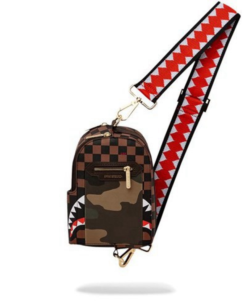 Brown Sprayground Exterior Gold Zip Pocket Sharks In Paris Crossbody Bags | 32165-ABHU