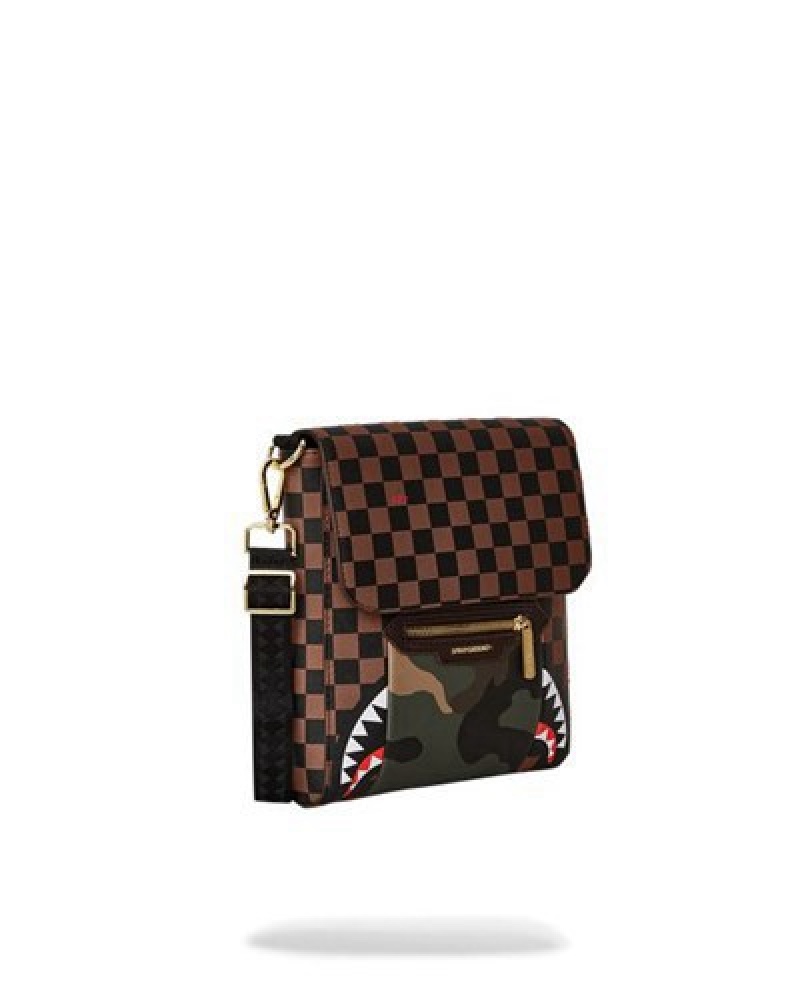 Brown Sprayground Exterior Gold Zip Pocket Sharks In Paris Messenger Crossbody Bags | 52376-NQCO