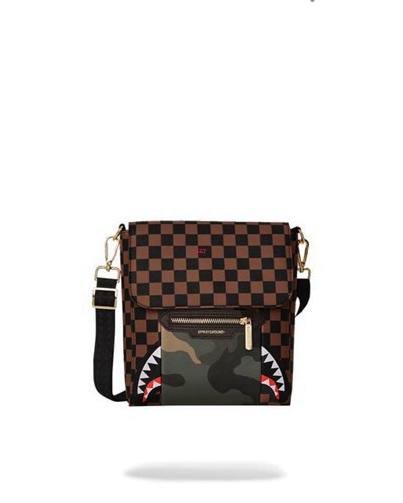 Brown Sprayground Exterior Gold Zip Pocket Sharks In Paris Messenger Crossbody Bags | 52376-NQCO