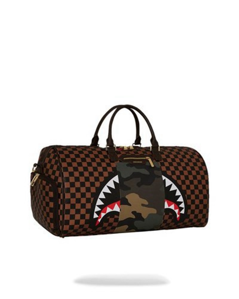 Brown Sprayground Exterior Gold Zip Pocket Sharks In Paris Duffle Bags | 57638-USBR