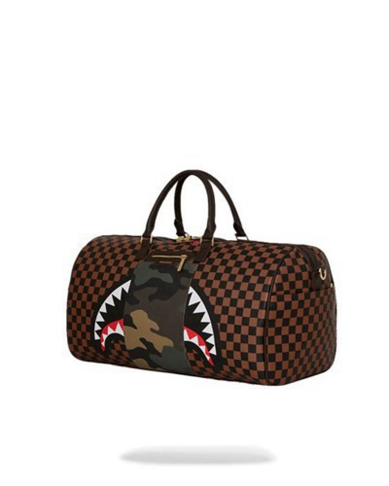 Brown Sprayground Exterior Gold Zip Pocket Sharks In Paris Duffle Bags | 57638-USBR