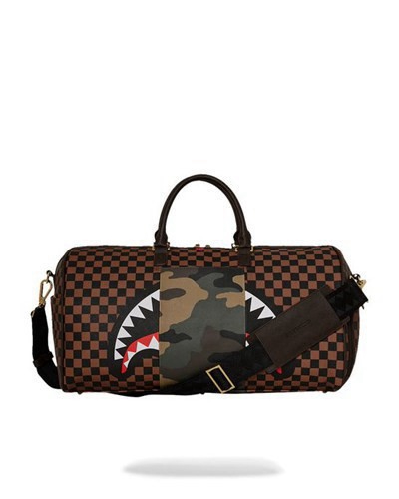 Brown Sprayground Exterior Gold Zip Pocket Sharks In Paris Duffle Bags | 57638-USBR