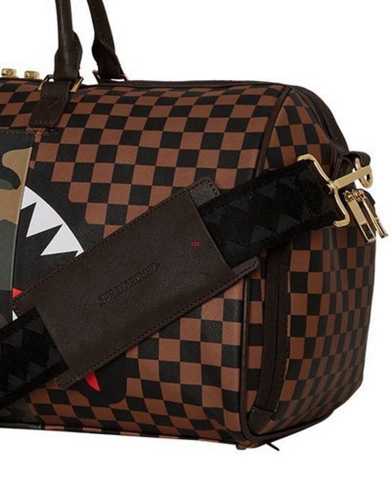 Brown Sprayground Exterior Gold Zip Pocket Sharks In Paris Duffle Bags | 57638-USBR