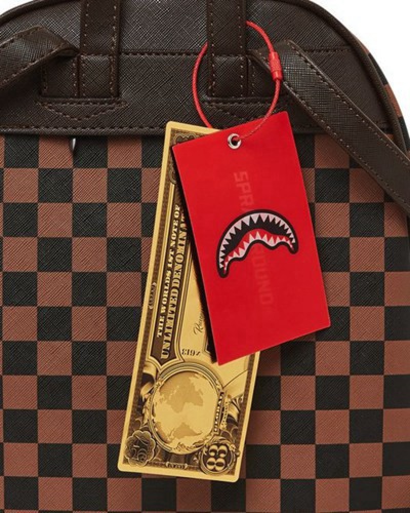 Brown Sprayground Exterior Gold Zip Pocket Sharks In Paris Savage Backpacks | 06475-XBWU