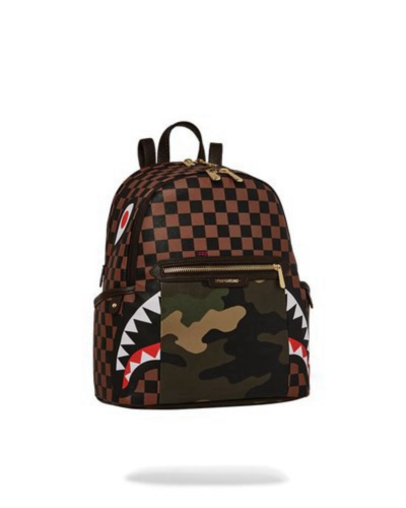 Brown Sprayground Exterior Gold Zip Pocket Sharks In Paris Savage Backpacks | 06475-XBWU