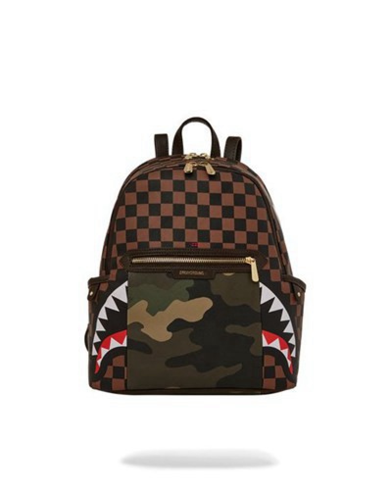 Brown Sprayground Exterior Gold Zip Pocket Sharks In Paris Savage Backpacks | 06475-XBWU