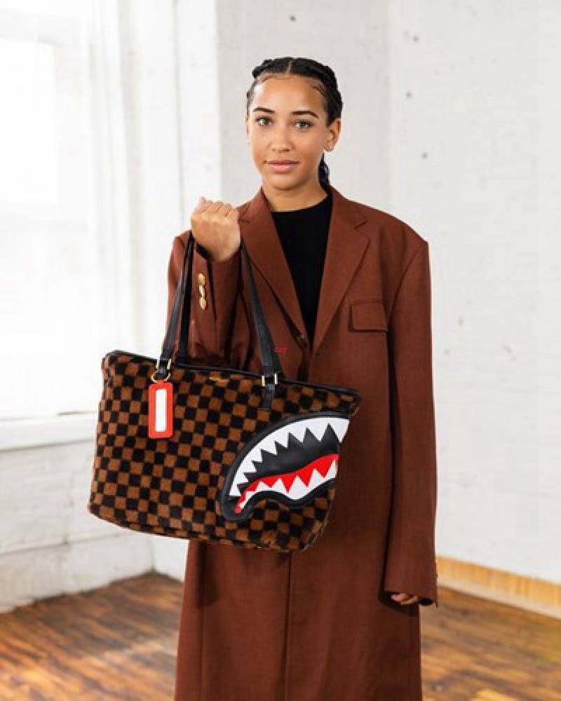 Brown Sprayground Furrr Sharks In Paris Tote Bags | 64230-VYTL