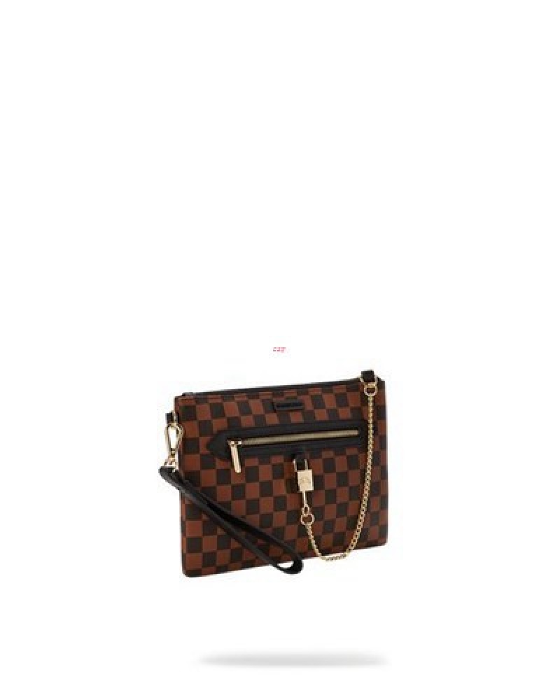 Brown Sprayground Henny Lock Sharks In Paris Crossover Clutch Bag | 86541-ADXY